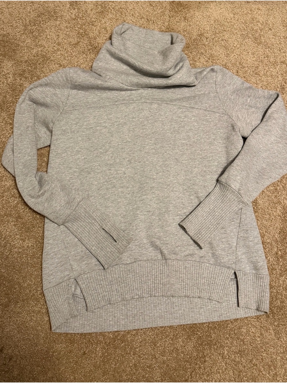 ALO Yoga Light Gray Cowl Neck Sweater with thumb holes.
